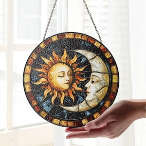 Sun & Moon Suncatcher Stained Glass: Celestial Window Hanging