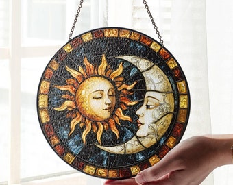 Sonne & Mond Glasmalerei Suncatcher Sonne und Mond mit Gesichtern Light Catcher Fenster hängend Dekoration Geschenk