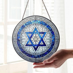 Jewish Star of David Stained Glass Hanukkah Decor Sun Catcher Light Catcher Window Hanging Jewish menorah Home Decor Gift Israel Flag Colors