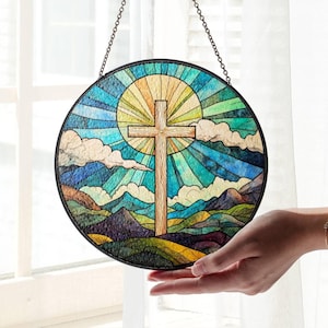 Christian Cross Stained Glass SunCatcher Christian Art Light Catcher Window Hanging Jesus Home Decor