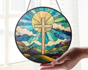 Christian Cross Stained Glass SunCatcher Christian Art Light Catcher Window Hanging Jesus Home Decor