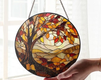 Autumn Tree Stained Glass Sun Catcher: Fall Season Window Hanging