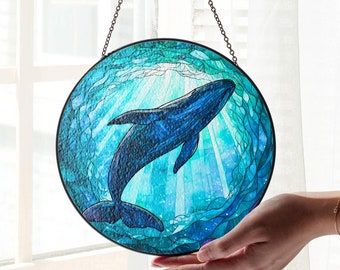 Whale Stained Glass Suncatcher: Ocean Art Window Hanging