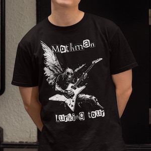 Mothman Lurking Tour Shirt, Mothman Cryptid Shirt Cryptozoology Moth man Guitar Player West Virginia Hiking Shirt Outdoors Lover Camping Tee