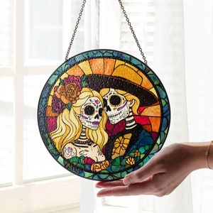 Le jour des morts, vitrail crâne en sucre SunCatcher, couple Dia de los Muertos, attrape-lumière, tenture, Halloween, Calavera, décoration d'intérieur