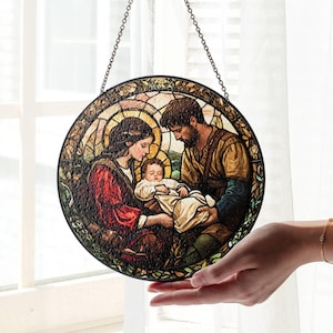 Szopka Witraż Szopka Łapacz światła Sztuka chrześcijańska Łapacz światła Zawieszka na okno Jezus Dekoracja domu Prezenty Religijne Boże Narodzenie