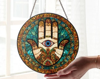 Hamsa Hand Stained Glass Hand of Fatima SunCatcher Light Catcher Window Hanging Protection Charm Home Decoration Hand of Miriam with Eye