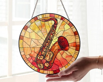 Saxofoon glas-in-lood zonnevanger: raam hangen jazzmuziek