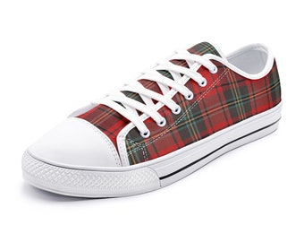 Red Tartan Shoes Scottish Canvas Unisex Low Top Canvas Shoes Plaid Shoes