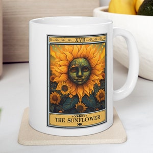 Taza de girasol, taza de la carta del tarot del girasol, regalos para amantes de las plantas, taza de café con flor del sol