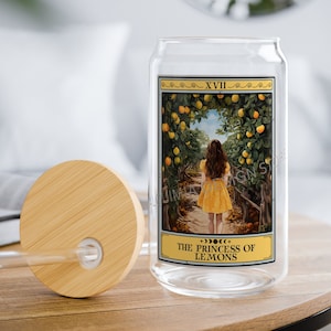 Vaso de cartas de tarot de la princesa de los limones, vaso de limón, vaso de limonada de 16 oz con tapa para los amantes del jugo de limón