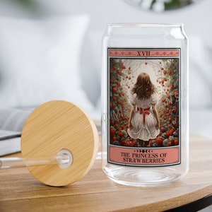 Vaso de cartas del tarot de la princesa de las fresas, vaso de fresa, vaso de cristal de frutas de 16 oz con tapa para los amantes de las fresas
