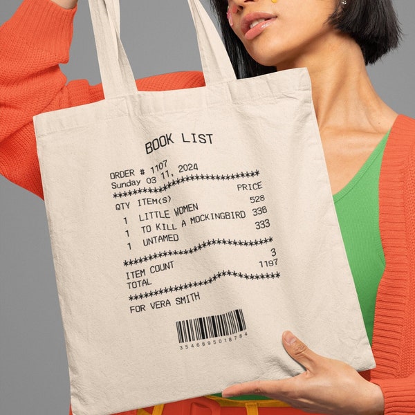 Custom Book Receipt Tote Bag, Book Lover Gifts For Librarian Gift, Personalized Book List Tote Bag, Book List Receipt Library Canvas Bag