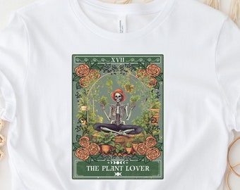 Koszulka z kartami tarota dla miłośników roślin, odzież Plant Mom Plant Witch, koszulka z kartami tarota Witchy Stuff Gardening Skeleton Green Botanical Witchy Shirt