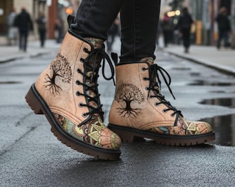 Tree of Life Mandala Boots Vegan Leather Combat Boots: Unique Boho Boots