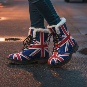 Op de afbeelding: Veterlaarzen met het Union Jack-vlagontwerp in rood, wit en blauw. De laarzen hebben een bruine zool en een pluizige witte rand. De laarzen worden gedragen met een blauwe spijkerbroek.