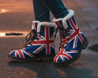 Union Jack Boots UK Flag British Fur Lined Lace Up Winter Boots