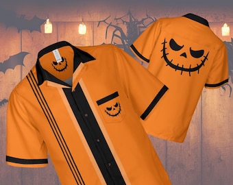 Hawaiiaans Halloween-shirt: Jack O Lantern Pumpkin Face Bowling-shirt
