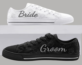 Bride Groom Matching Custom Shoes, Wedding Shoes Personalized Bridal Sneakers Unisex Low Top Canvas Shoes Custom Wedding Groom Bride Gifts
