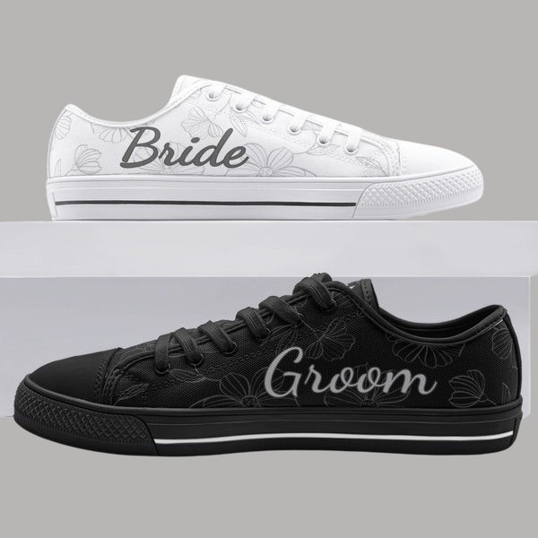 Bride Groom Matching Custom Shoes, Wedding Shoes Personalized Bridal Sneakers Unisex Low Top Canvas Shoes Custom Wedding Groom Bride Gifts