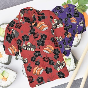 Sushi Button Down Shirt, Sushi Short-sleeve Hawaiian Shirt Foodie Shirt, Gift for Japanese Food Lover