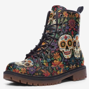 Day of the Dead-laarzen Dia de Los Muertos veganistische leren gevechtslaarzen