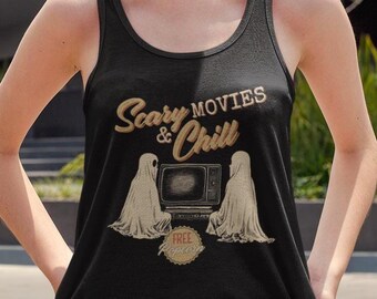 Canotta Scary Movies & Chill - Maglietta vintage con fantasma di Halloween
