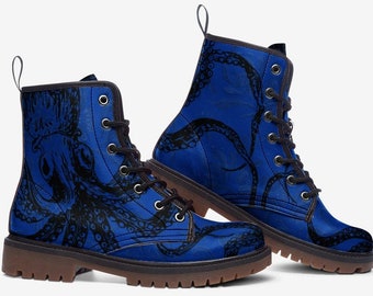 Octopus Boots Blue Vegan Leather Lace Up boots Gothic Boots Combat Boots With Blue Octopus Print, Rave Festival Footwear