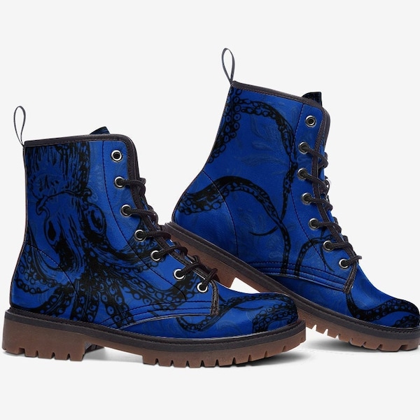 Octopus Boots Blue Vegan Leather Lace Up boots Gothic Boots Combat Boots With Blue Octopus Print, Rave Festival Footwear