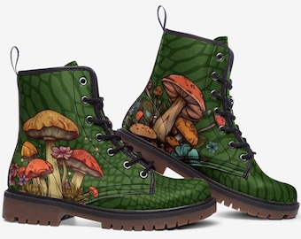 Green Mushroom Boots Green Vegan Leather Lace Up Boots Rave Shoes Festival Combat Boots Faux Leather Green Boots Mushroom Shoes