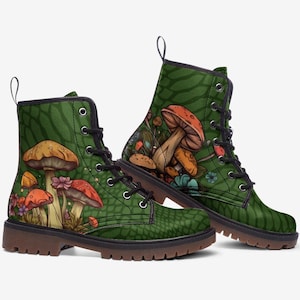 Groene paddenstoellaarzen Groene veganistische leren veterlaarzen Rave schoenen Festival gevechtslaarzen Kunstleer Groene laarzen Paddestoelschoenen