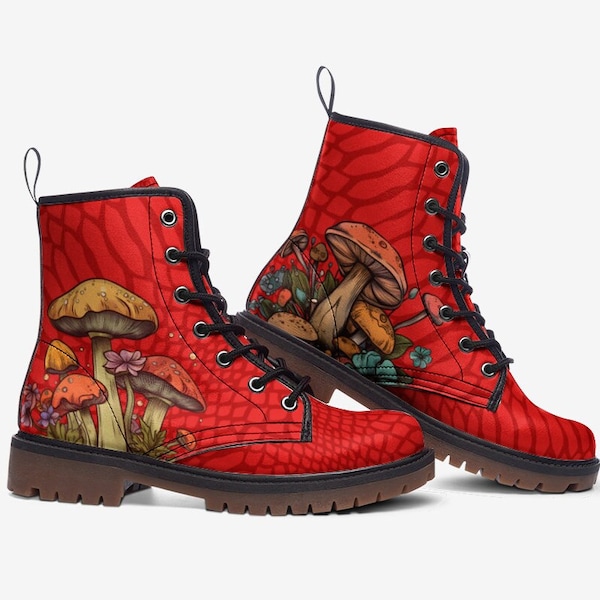 Mushroom Boots Red Boots Vegan Leather Lace Up Combat Boots Rave Boots Festival Shoes Red Faux Leather Goth Boots