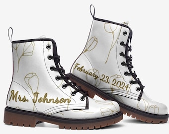 Bridal Boots, Personalized Wedding Combat Boots , Wedding Shoes, Custom Design Bridal White Boots, Wedding Gift Vegan Leather Shoes