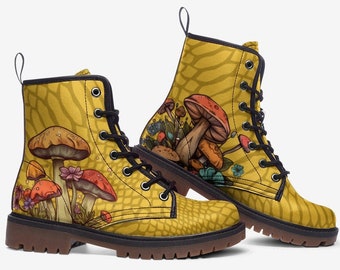 Mushroom Boots Yellow Boots Vegan Leather Lace Up Combat boots Rave Boots Festival Shoes Yellow Faux Leather Goth Boots