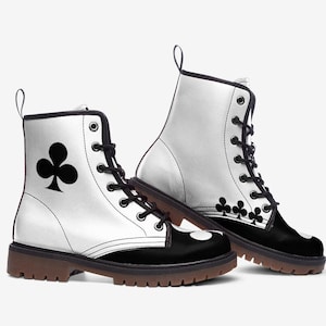 Poker Boots Clubs Black and White Boots Ace of Clubs Vegan Leather Lace Up Combat Boots Deck of Cards Boots Blackjack Poker Player Shoes