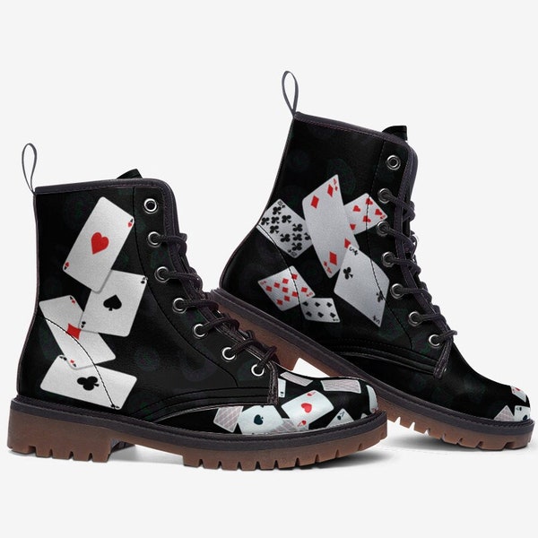 Poker Deck Of Cards Boots Cuir végétalien Bottes de combat noires à lacets As Of Clubs Hearts Spades Diamonds Casino Boots Blackjack Rave Las Vegas