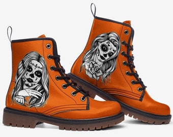 Orange Boots Sugar Skull Boots Veganistisch leer Veterlaarzen Rave Boots Festival Combat Boots Parade Custom Boots Rave Footwear