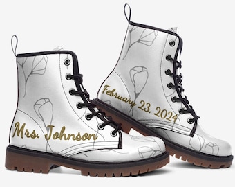 Bridal Boots Custom Wedding Combat Boots , Wedding Shoes, Personalized Custom Design Bridal White Boots, Wedding Gift Vegan Leather Shoes