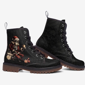 Christmas Boots, Christmas Skeleton Boots Black Vegan Leather Lace up Boots, Custom Boots Goth Christmas Boots Skull Combat Boots Gift