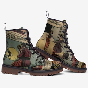 Comic Book Boots Custom Combat Boots Romantic Comic Print Boots Vegan Leather Lace Up boots Rave Boots Festival Footwear Rave Wear