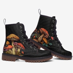 Mushroom Boots, Rave Boots Festival Boots Black Mushroom Vegan Leather Lace Up laarzen Aangepaste laarzen Goth Boots heksenspullen