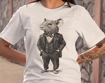 May include: White t-shirt with a black and white illustration of a rat wearing a suit and bow tie.