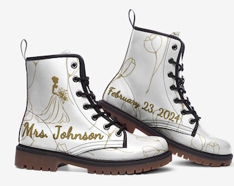 Bridal Boots, Personalized Wedding Combat Boots , Custom Wedding Shoes, Custom Design Bridal White Boots, Wedding Gift Vegan Leather Shoes
