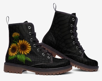Sunflower Boots Flower Vegan Leather Combat Boots Festival Boots Rave Boots Black Leather Ankle Boots
