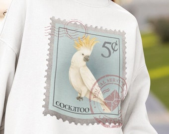 Cockatoo Sweatshirt, Cockatoo Post Stamp Sweater, Bird Lover Cockatoo Owner Gift for Cockatoo Mom Gifts Bird Lover Crew Neck