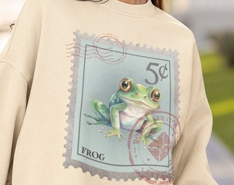 Frosch Sweatshirt, Frosch Post Briefmarke Pullover Frosch-Liebhaber-Geschenke Froggy Sweatshirt Cottagecore Rundhalsausschnitt