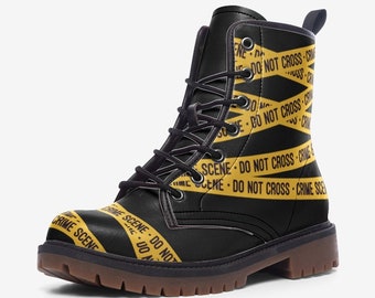 Crime Scene Tape Vegan Leather Combat Boots - True Crime Gift