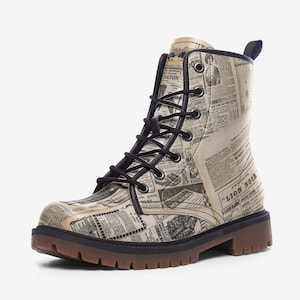 Botas de periódico francés, botas de periódico vintage de París Botas de combate de cuero vegano Botas de París