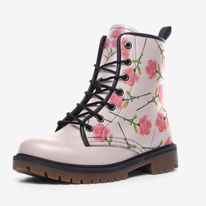 Flower Boots, January Birth Month Flower Boots Carnation Flower Combat Boots Vegan Leather Lace up  Boots Custom Boots