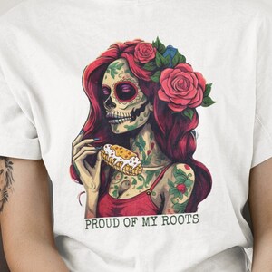 Camiseta de elote, camisetas del mes de la herencia hispana, camiseta latina con calavera de azúcar